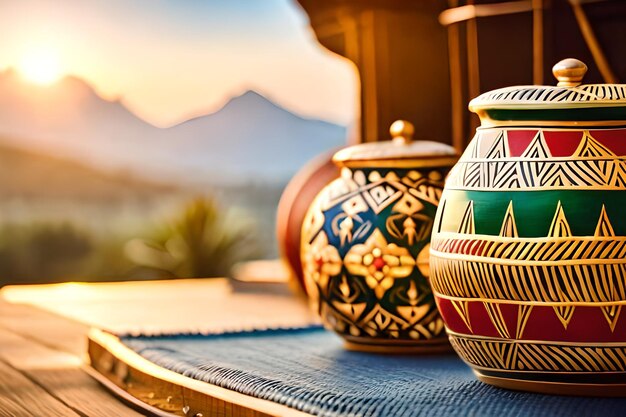 a table with vases and a sunset in the background