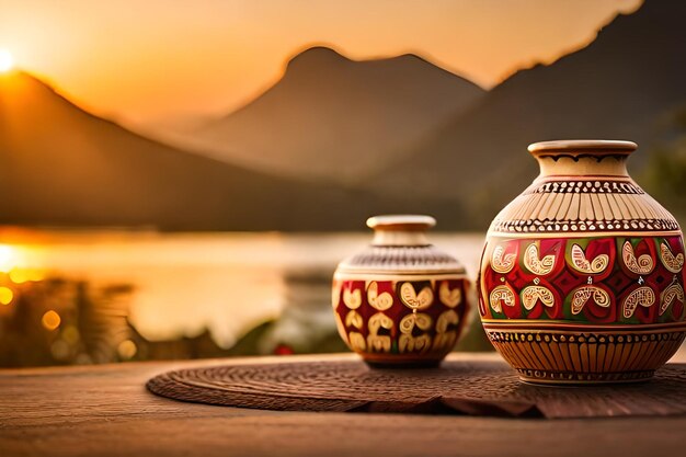 Photo a table with vases and a sunset on the background