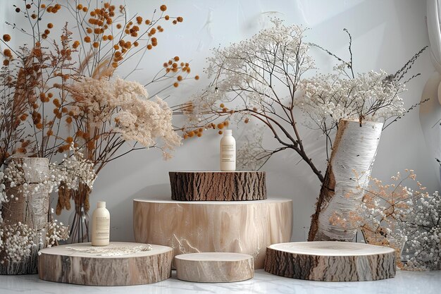 A table with vases and trees on it and a wall behind it with a painting of birch trees a still