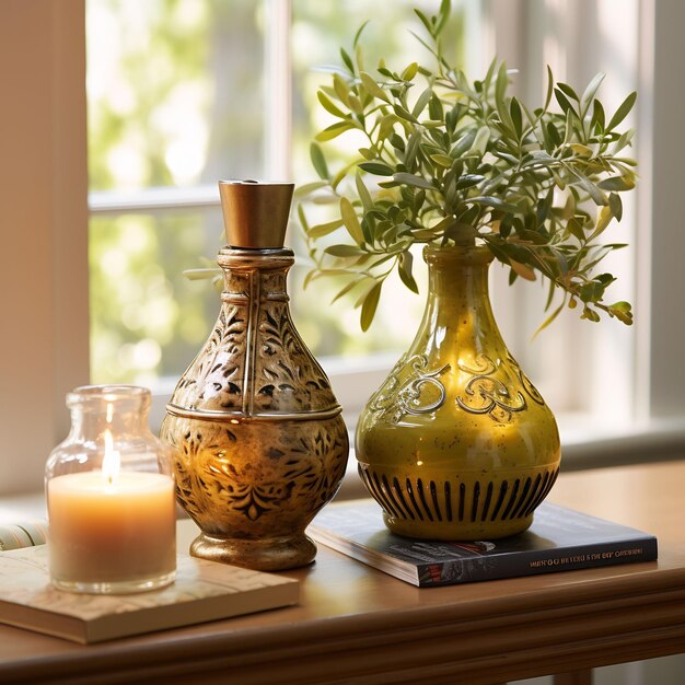 a table with vases and vases on it and a small vase with a candle in it