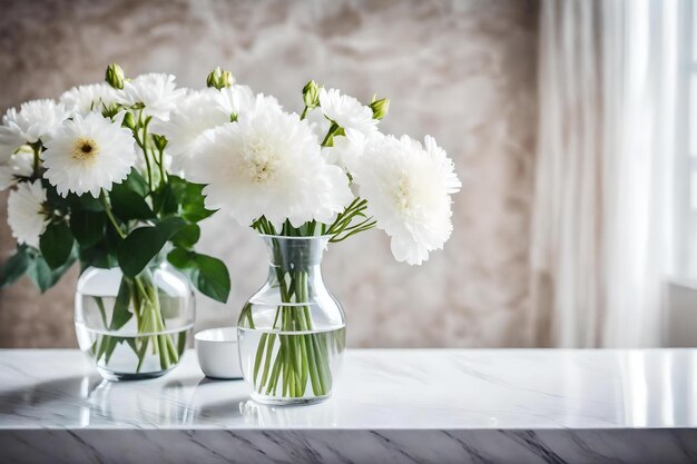 A table with vases with white flowers on it and a white background.