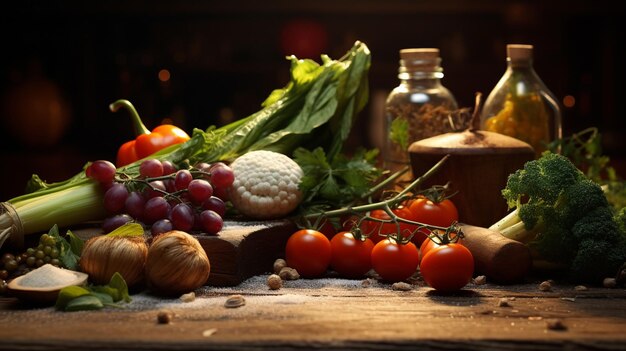 стол с овощами и бутылкой оливкового масла