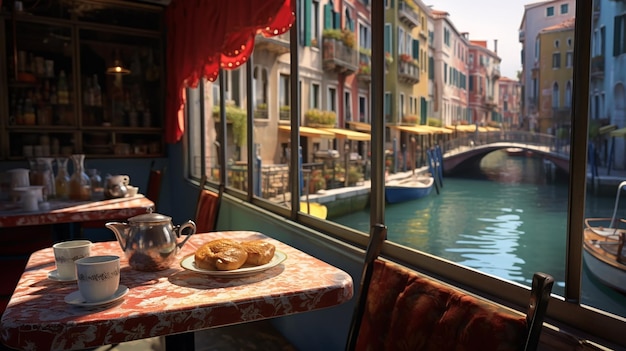 運河の見えるテーブルとパンと「ヴェネツィア」と書かれた看板のあるテーブル。