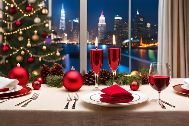 A table with a view of a city and a christmas tree with a view.