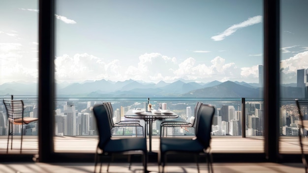 A table with a view of the city and the city in the background