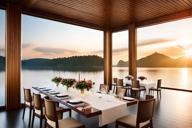 A table with a view of the lake and mountains