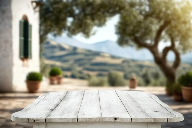 A table with a view of a mountain in the background