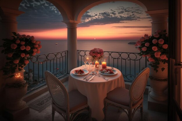 a table with a view of the ocean and a sunset.