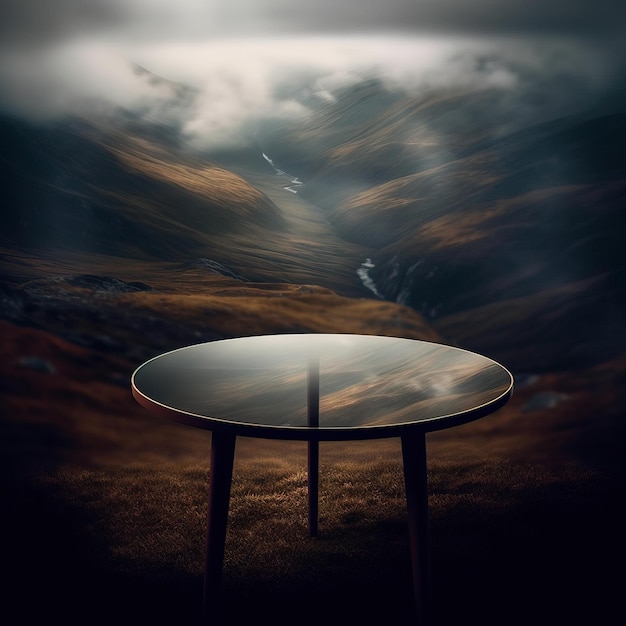 A table with a view of the sky and clouds in the background.