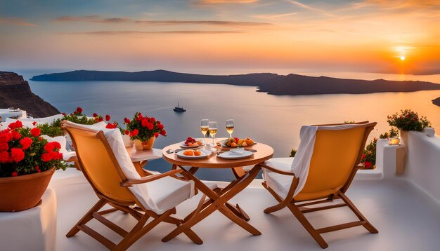 a table with a view of a sunset and a boat on the water