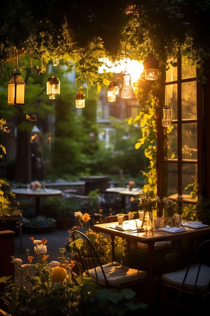 a table with a view of the sunset