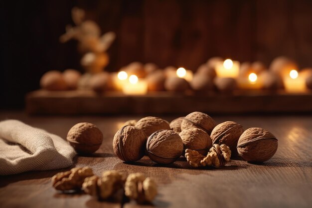 A table with walnuts and candles in the background