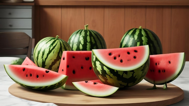 On the table with a watermelon and juice