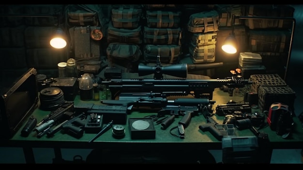 武器が置かれたテーブルと「銃」と書かれた看板