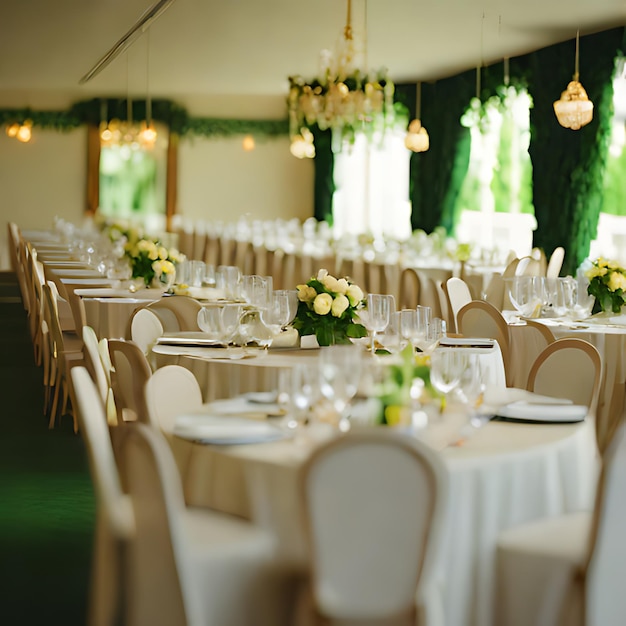 Photo a table with white chairs and a chandelier hanging from the ceiling