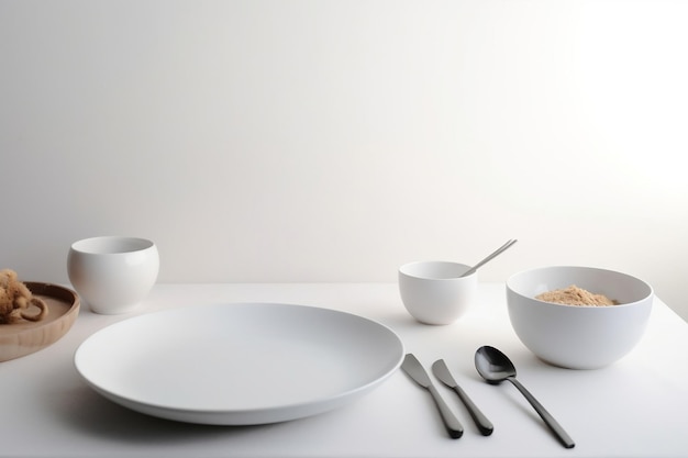 A table with a white plate and a bowl of oatmeal and a spoon on it.