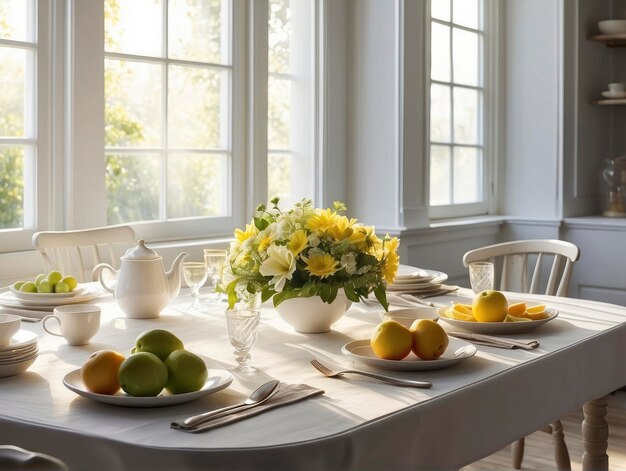 a table with a white table cloth and a vase of flowers and fruit