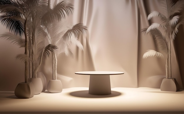 A table with a white tablecloth and a white background with a palm tree and a white lamp.