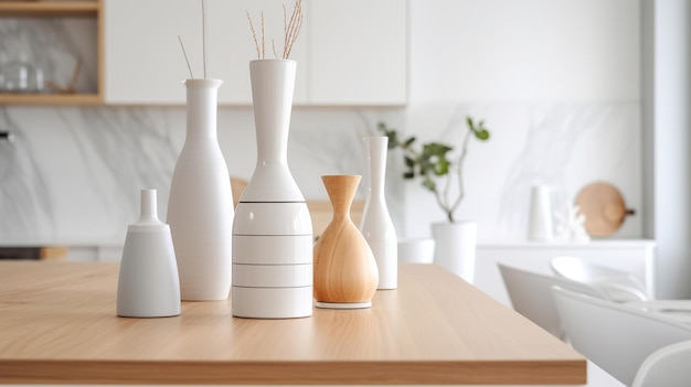 A table with white vases and a white table with a vase on it.