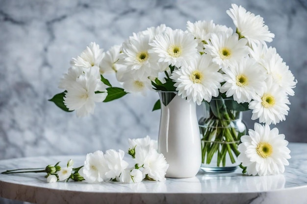 a table with white vases with white flowers in it and white flowers in front of them