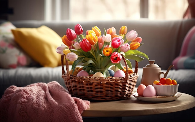 Table with a wicker basket filled with Easter eggs