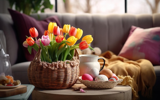 Table with a wicker basket filled with Easter eggs