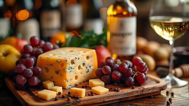 a table with a wine glass and cheese