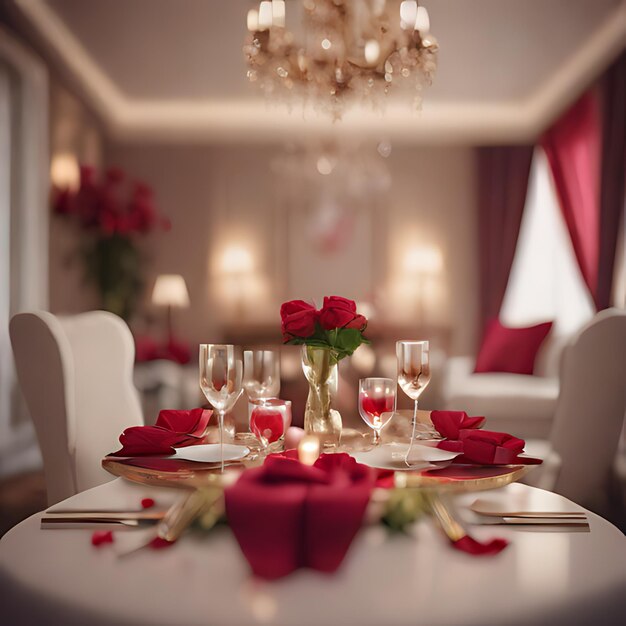 Photo a table with wine glasses and a chandelier with red roses on it