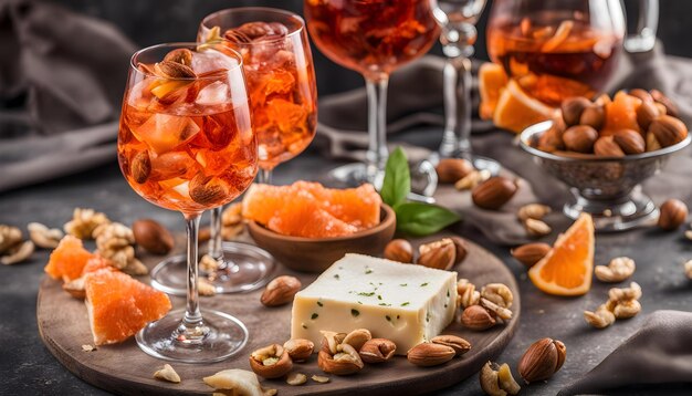 Photo a table with wine glasses cheese and fruit on it