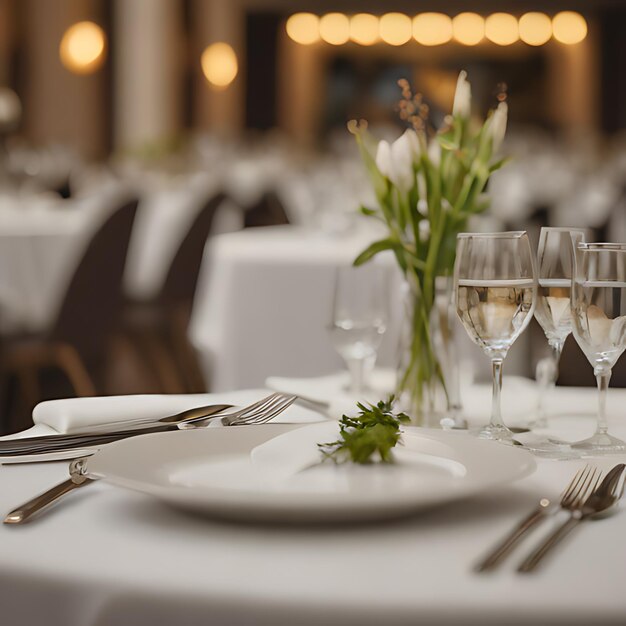 a table with wine glasses and silverware on it