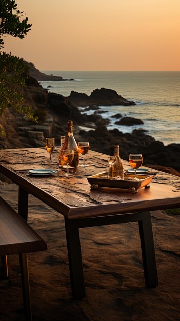 a table with wine glasses and a sunset on the background