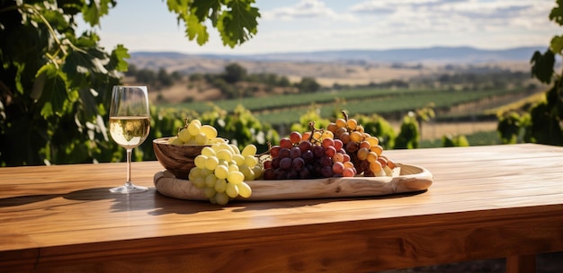 Photo a table with wine and grapes sitting in front of vineyard