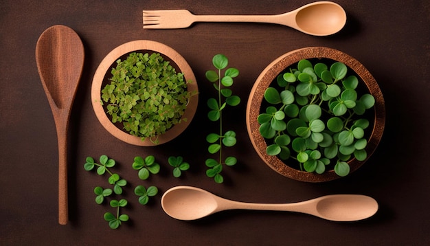 Photo a table with wooden spoons and a few small plants