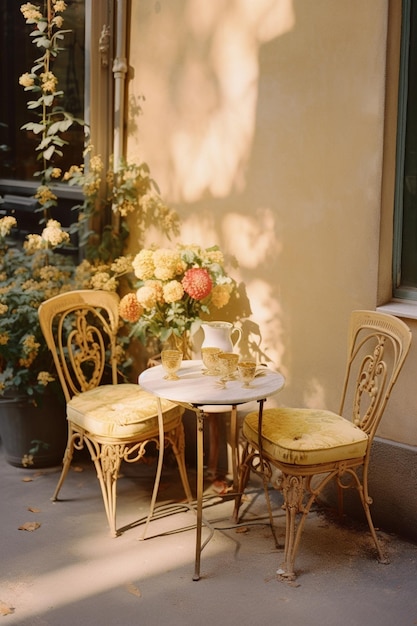 A table with a yellow chair and a flower pot on it