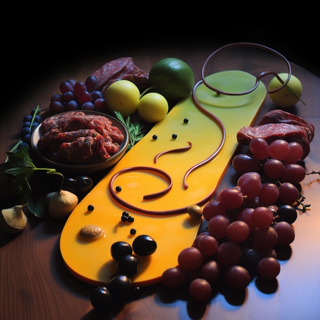 Photo a table with a yellow guitar and fruit on it