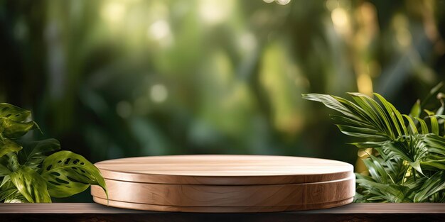 Table wooden podium in nature against the backdrop of a tropical forest garden blurred green background of jungle plants