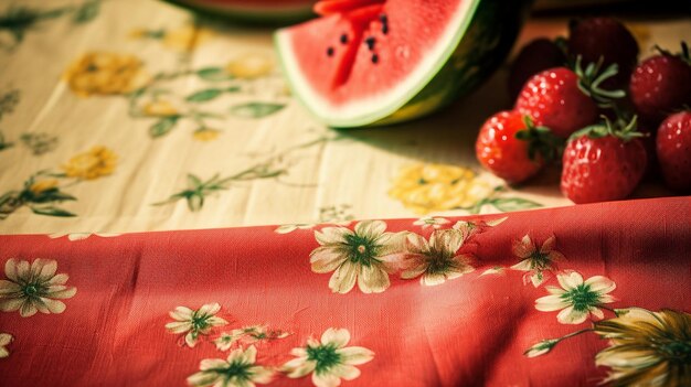 A tablecloth with a floral pattern and a watermelon on it