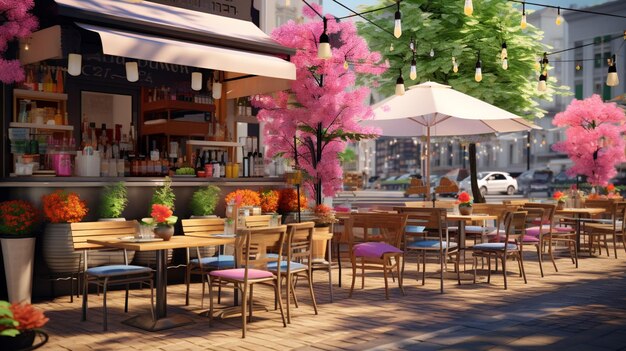 Tables and chairs are lined up outside of a restaurant with pink flowers generative ai