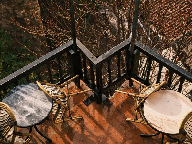 Tables and chairs of a cafe on a rainy day