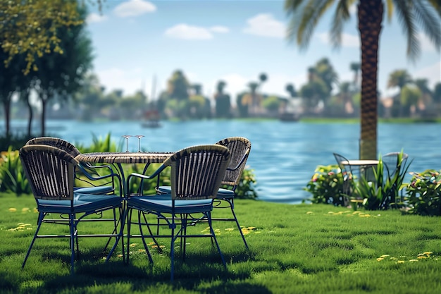 Tables and Chairs on the Lawn by an Egyptian Lake