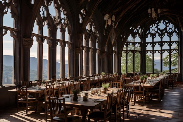 tables and chairs set up in a large room with a view Generative AI