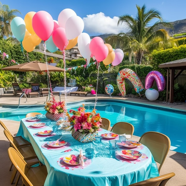 Tables set up for a party with balloons and plates generative ai