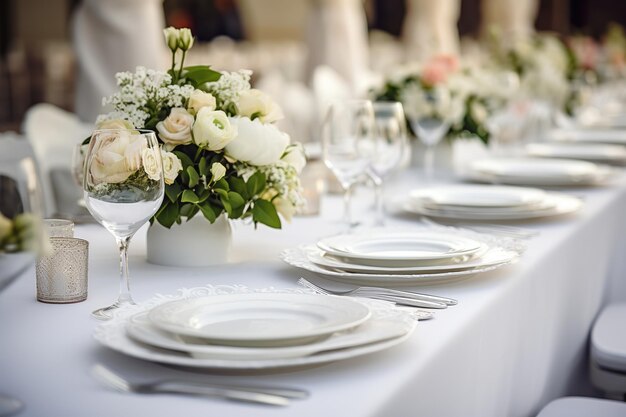 Столы с белыми тарелками и цветами для вечеринки или свадебного приема