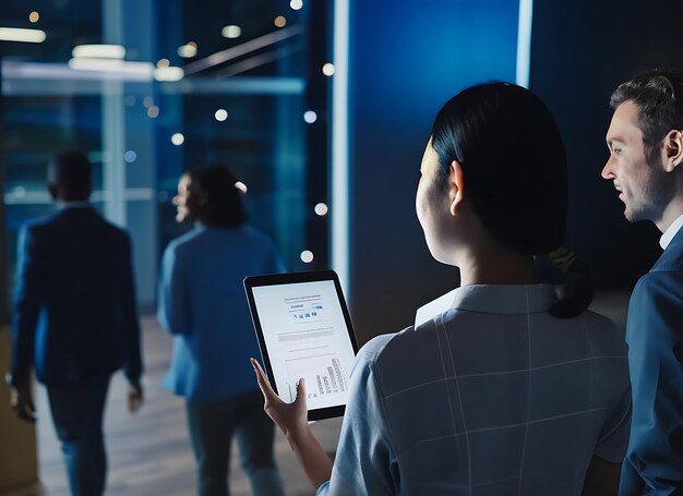 Tablet and business people walking in office after finishing work task