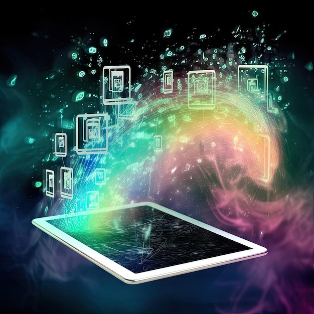 Photo tablet caught in the swirling whirlpool of data nanotechnology and artificial intelligence