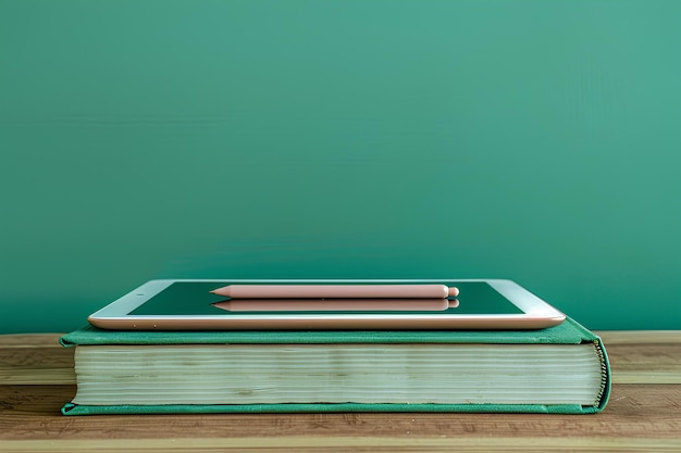 A tablet computer sitting on top of a stack of books