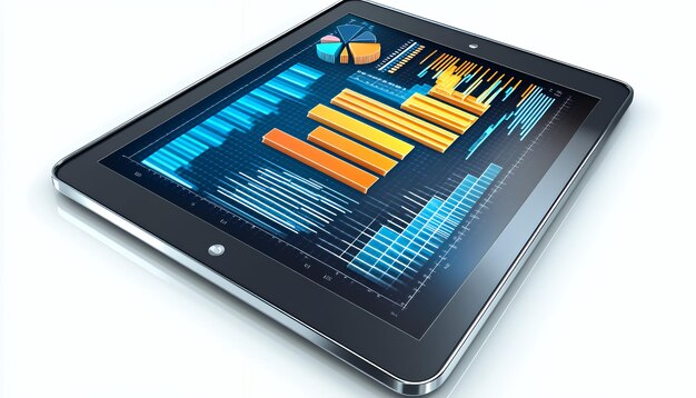 a tablet computer with a black frame and a screen displaying charts and graphs