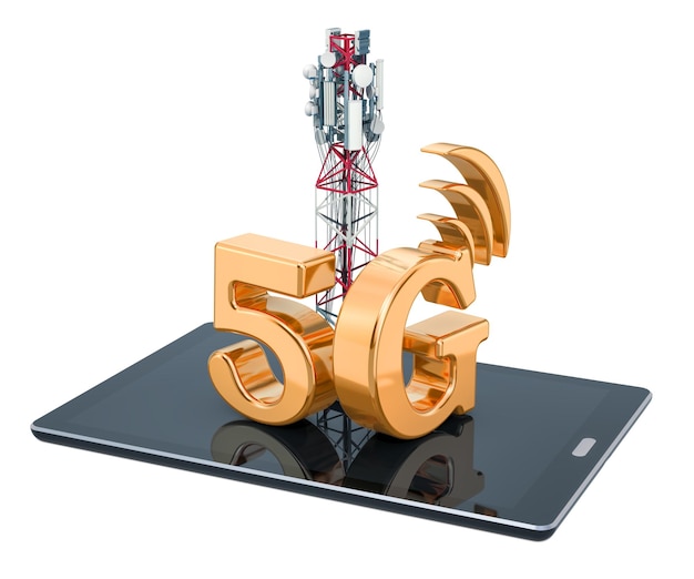 Планшетный компьютер с концепцией мобильной башни 5G 3D-рендеринг