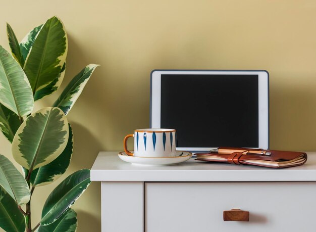 A tablet a cup of coffee a notebook on the table in a cozy living room Home Office