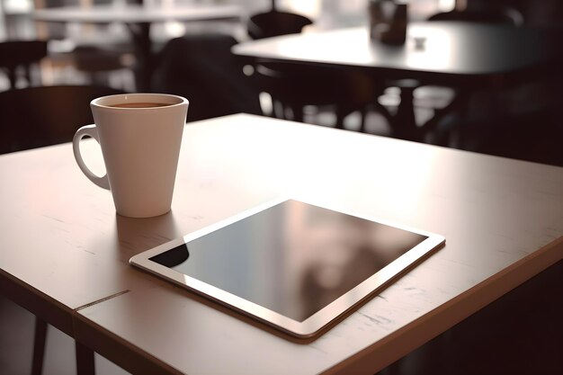 Photo tablet and cup of coffee on table in cafe closeup